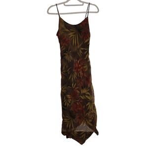 Y2K Oblique Brown Tropical Print Double Lined Midi Dress Size 4